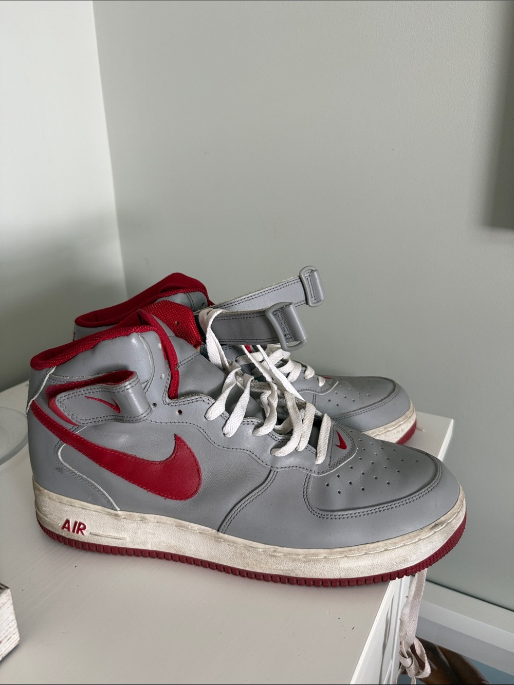 Nike Men’s High-Top Sneakers Gray and Red Air Force One- Early 00s Collection